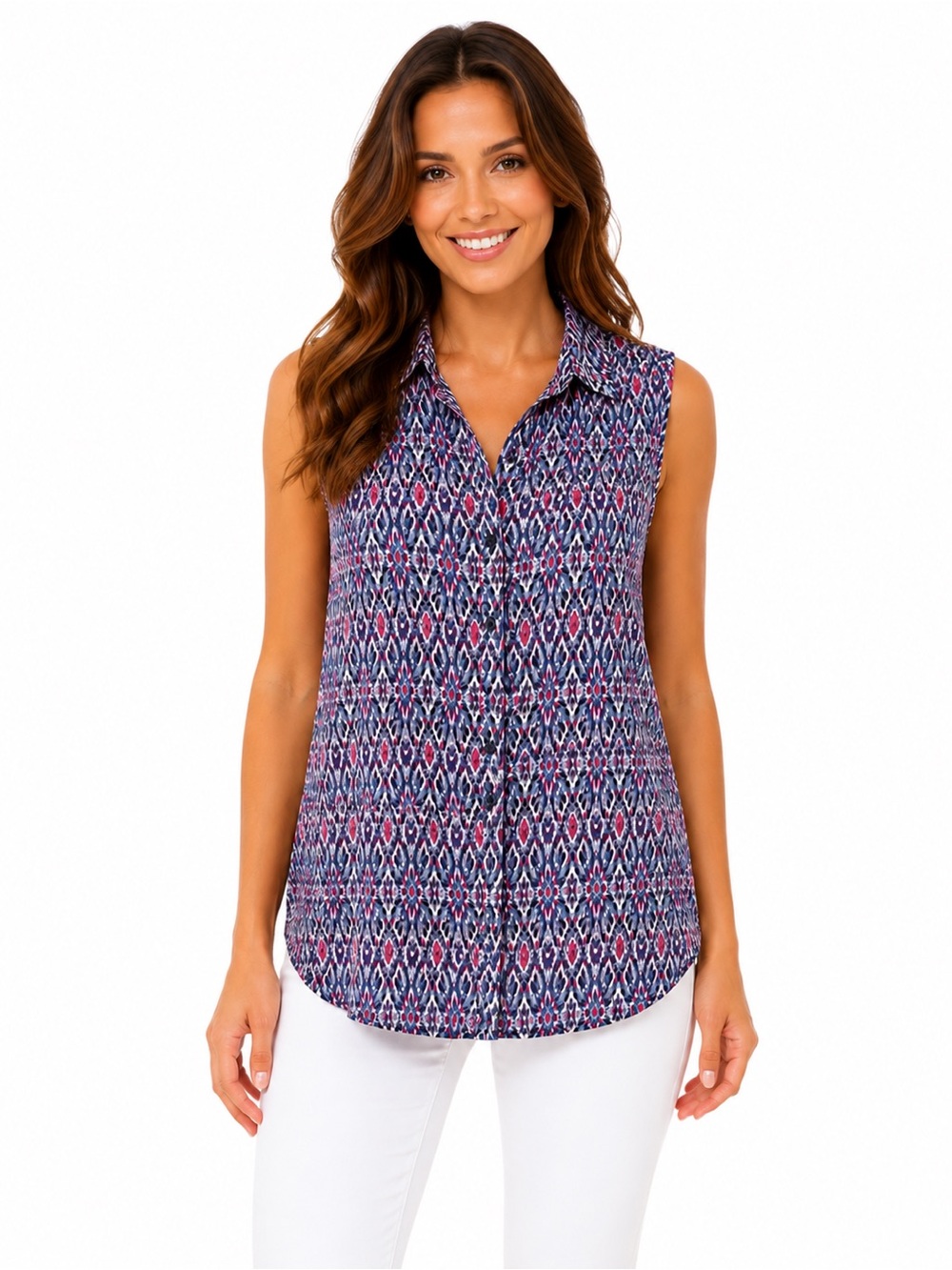 H&M Sleeveless Button Front Blouse, Blue and Pink pattern, Size 10